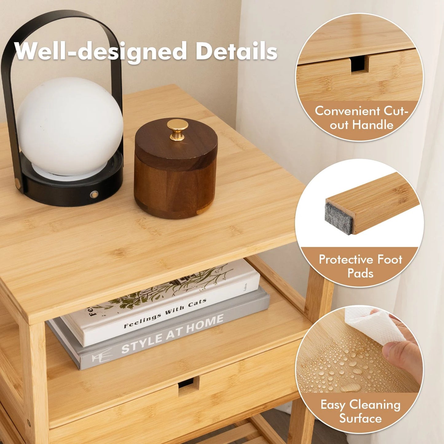 Set of 2 Multipurpose Bamboo Nightstand with Storage Drawer and Slatted Shelf