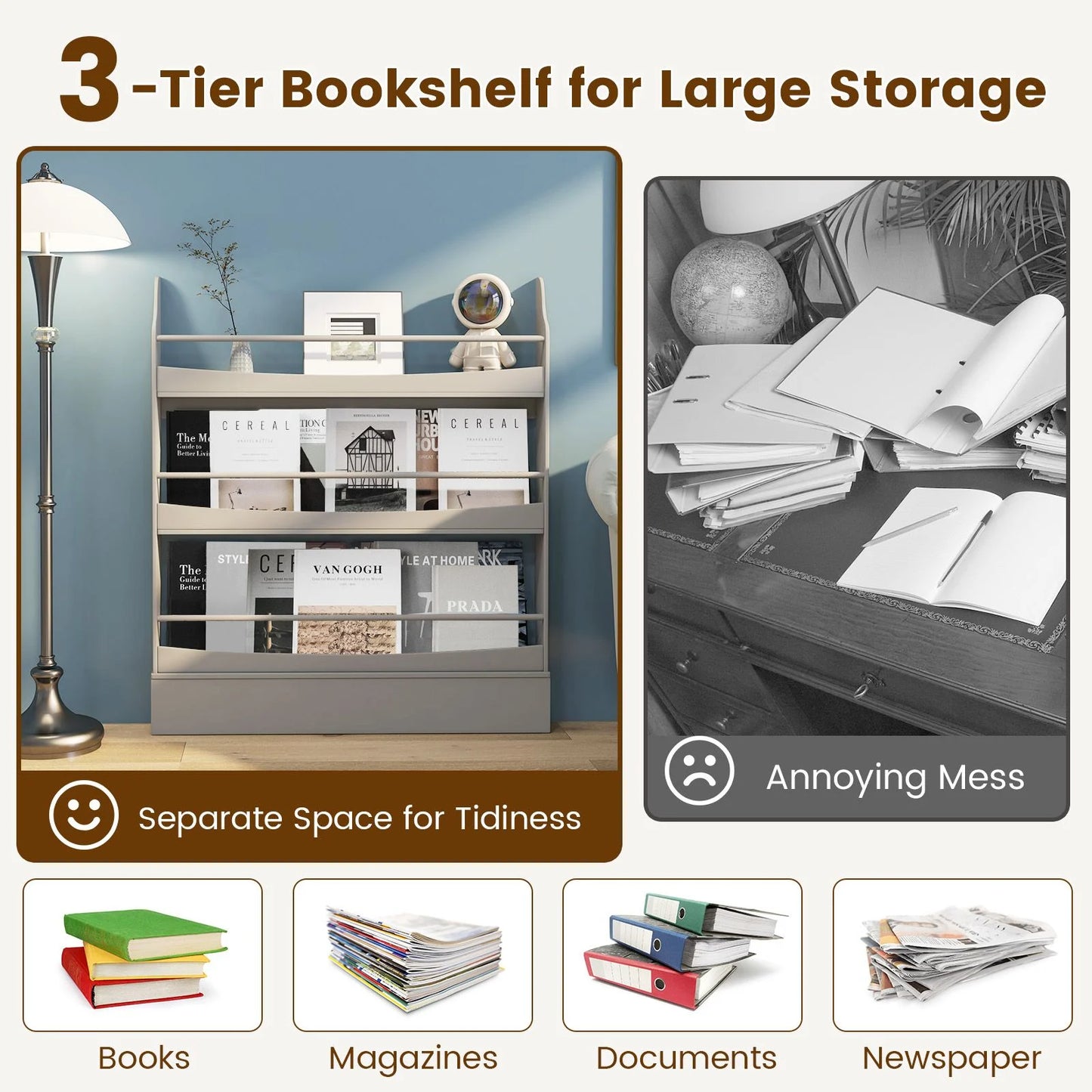 3-Tier Standing Bookshelf with 2 Anti-Tipping Kits and Guardrails-Grey