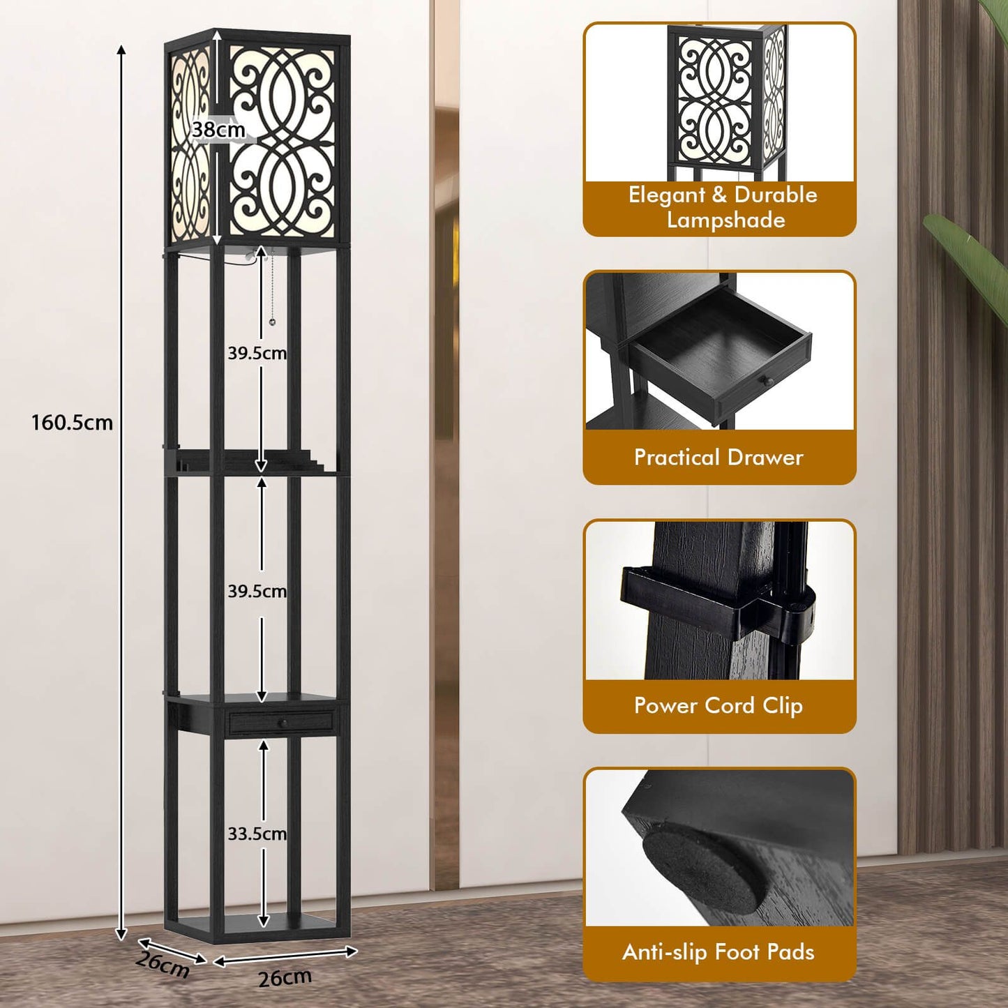 3-Layers Free-Standing Light with 2 USB Charging Ports and Storage Drawer