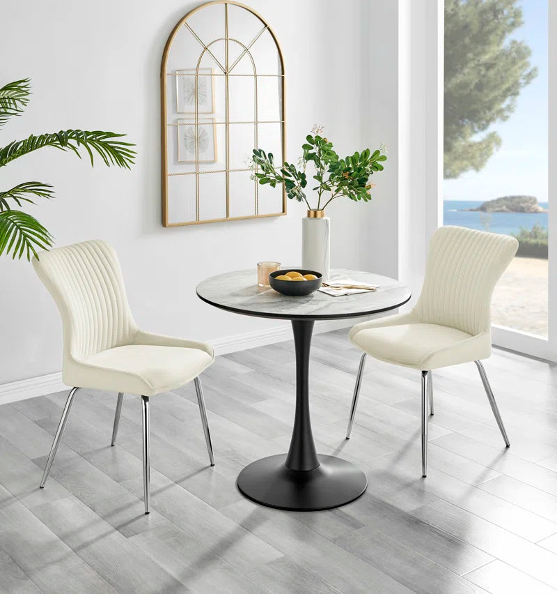 Eubanks White Marble Effect Melamine round 80Cm Dining Table and Chairs - 2 Velvet Dining Chairs