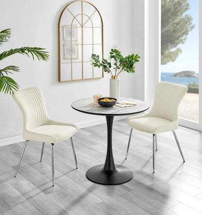Eubanks White Marble Effect Melamine round 80Cm Dining Table and Chairs - 2 Velvet Dining Chairs