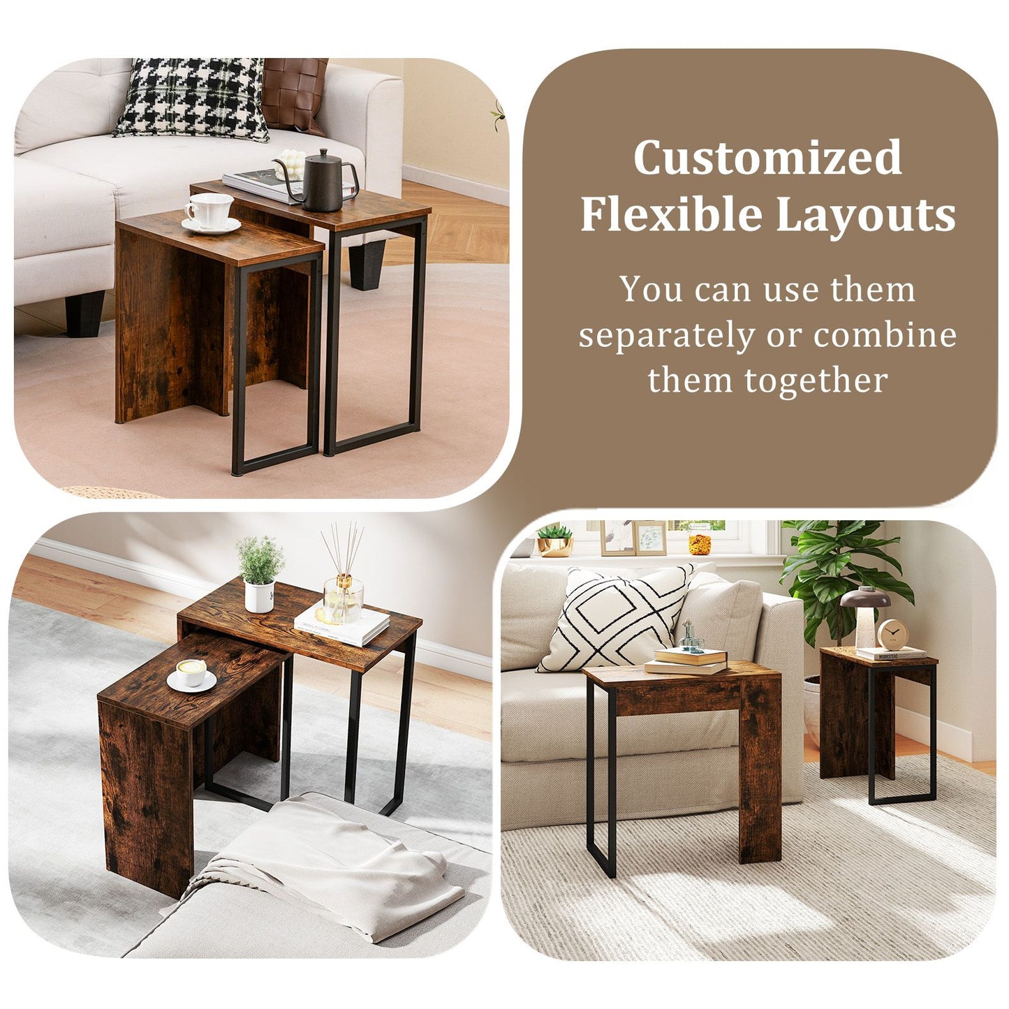 Nesting Coffee Table Set of 2 Faux Wood Top Sofa Side Table