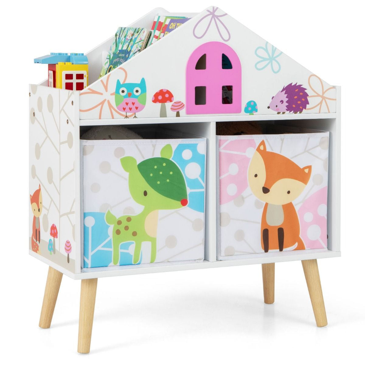 Kids House-Shaped Bookshelf with 2 Storage Bins and Elevated Solid Wood Legs