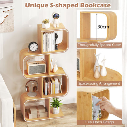 2/3/4/5-Tier S-Shaped Bookcase Bamboo Bookshelf with Open Cubes