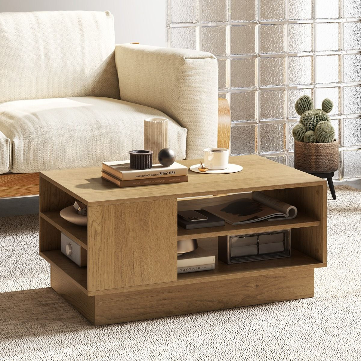 Modern Rectangle Coffee Table with 2-Tier Open Storage Shelves