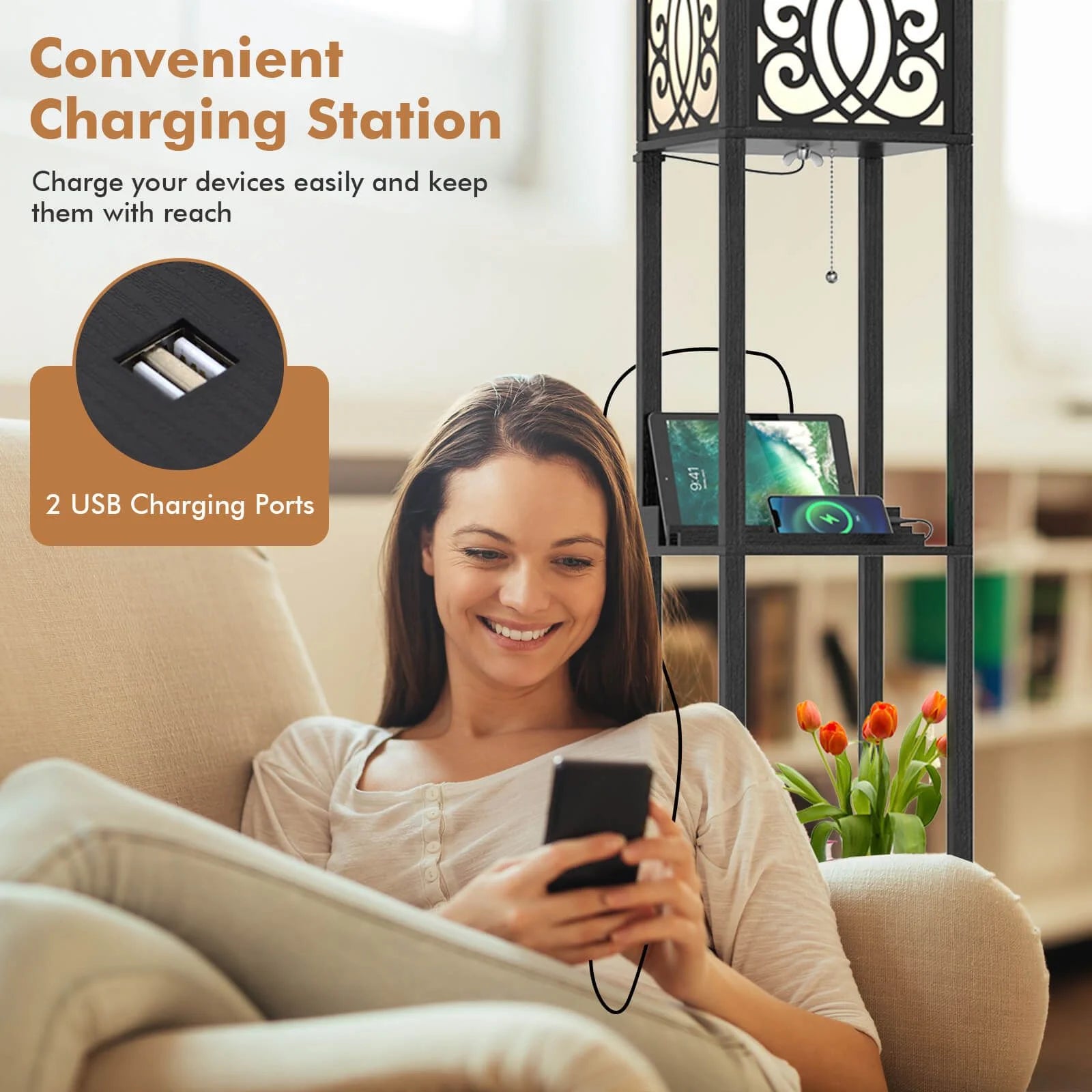 3-Layers Free-Standing Light with 2 USB Charging Ports and Storage Drawer