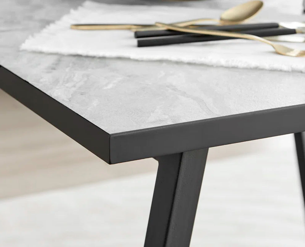 Industrial Design White & Grey Marble Effect Melamine Dining Table and 2 Velvet Dining Chairs