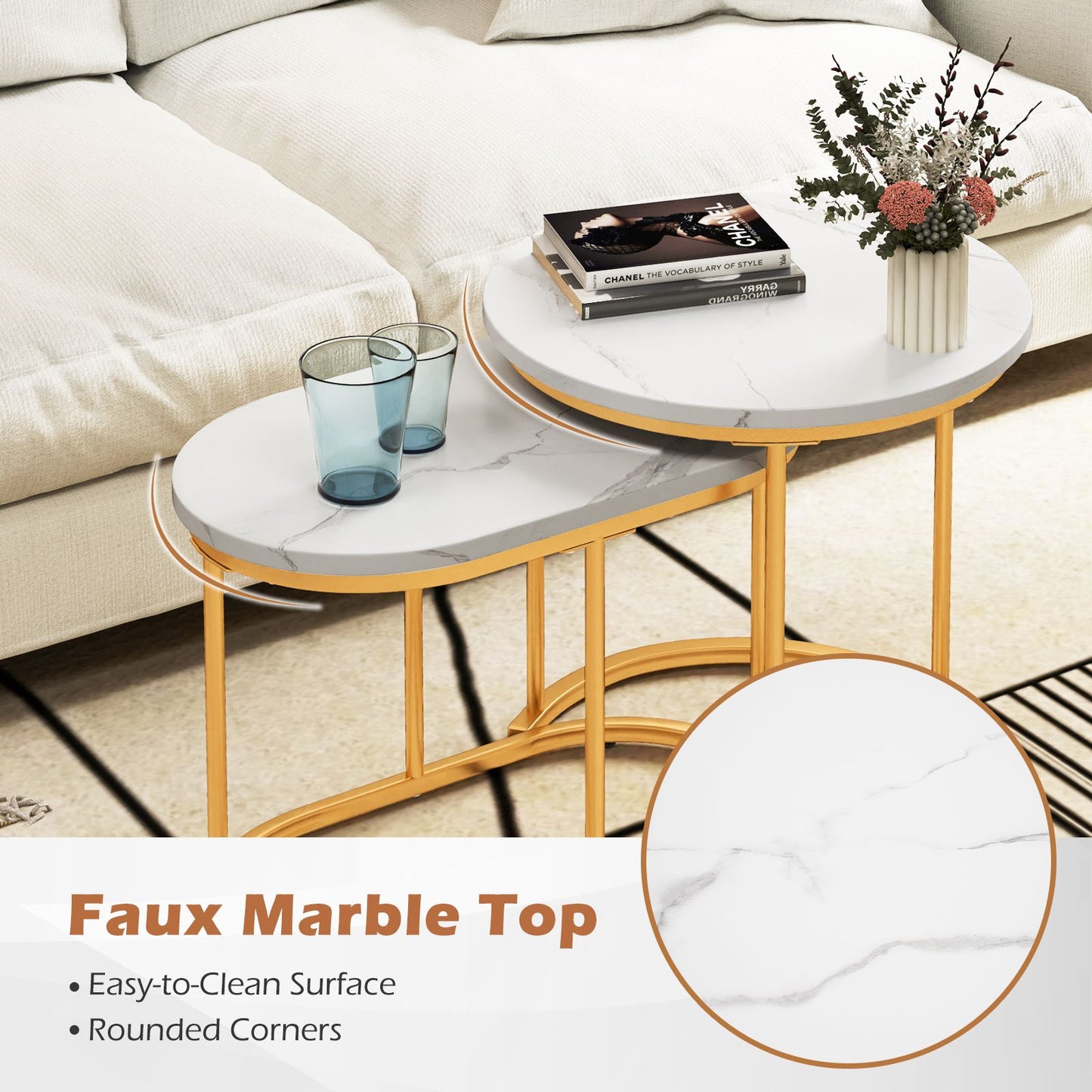 Coffee Table Set of 2 Modern Side Tables with White Faux Marble Top