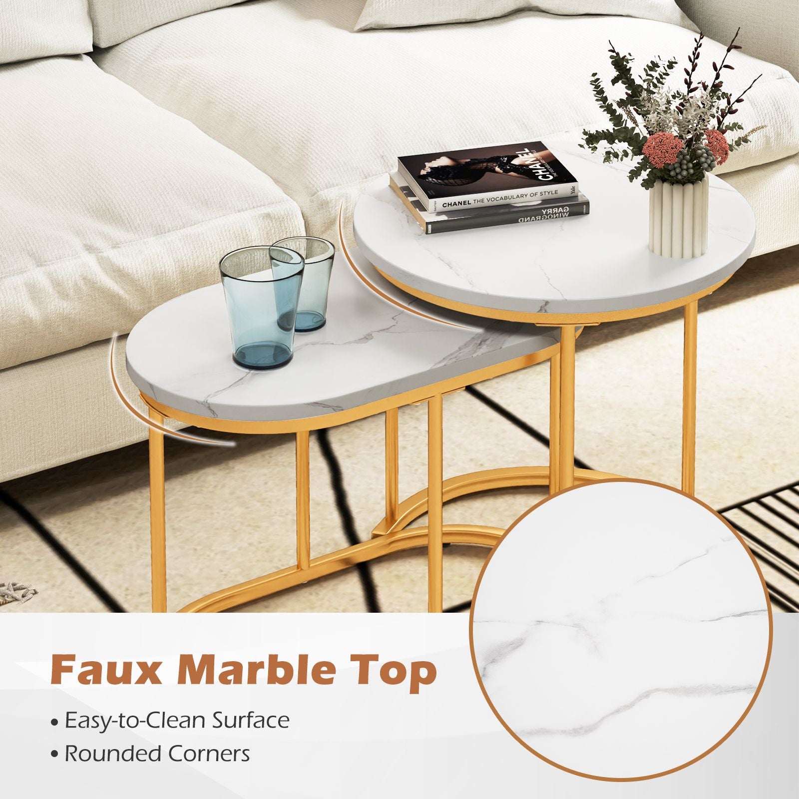 Coffee Table Set of 2 Modern Side Tables with White Faux Marble Top