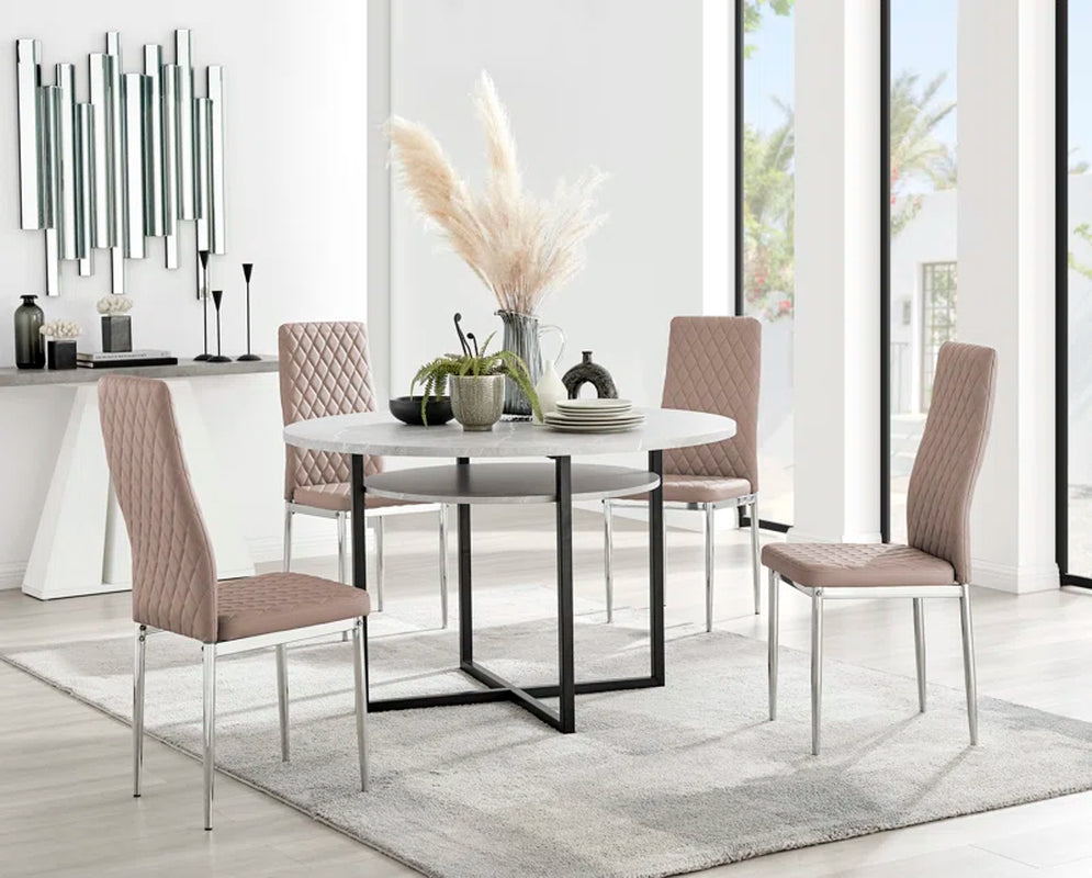 Adler round Dining Table Set with Shelf & 4 Quilted Faux Leather Dining Chairs