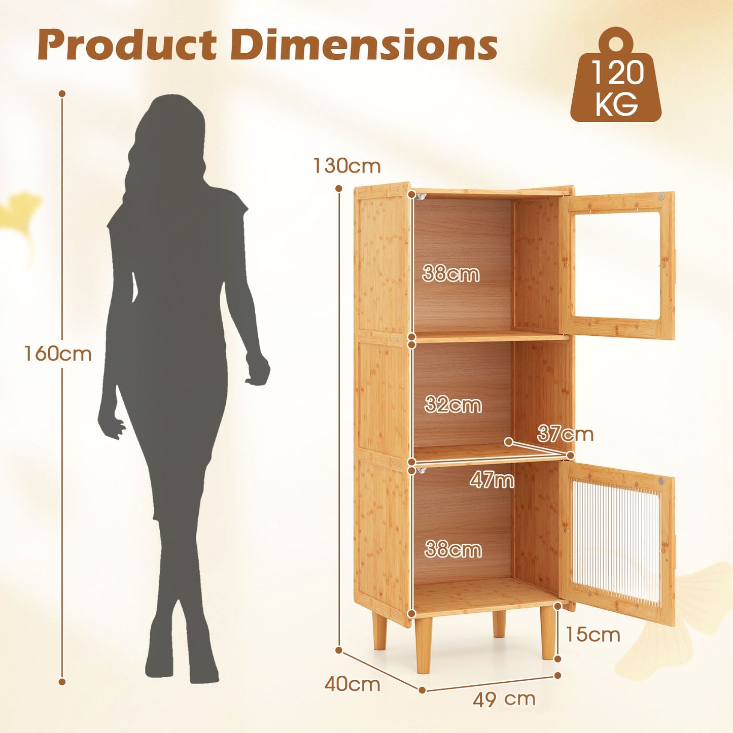 3-Cube Bamboo Cabinet with Open Compartment and 2 Acrylic Doors