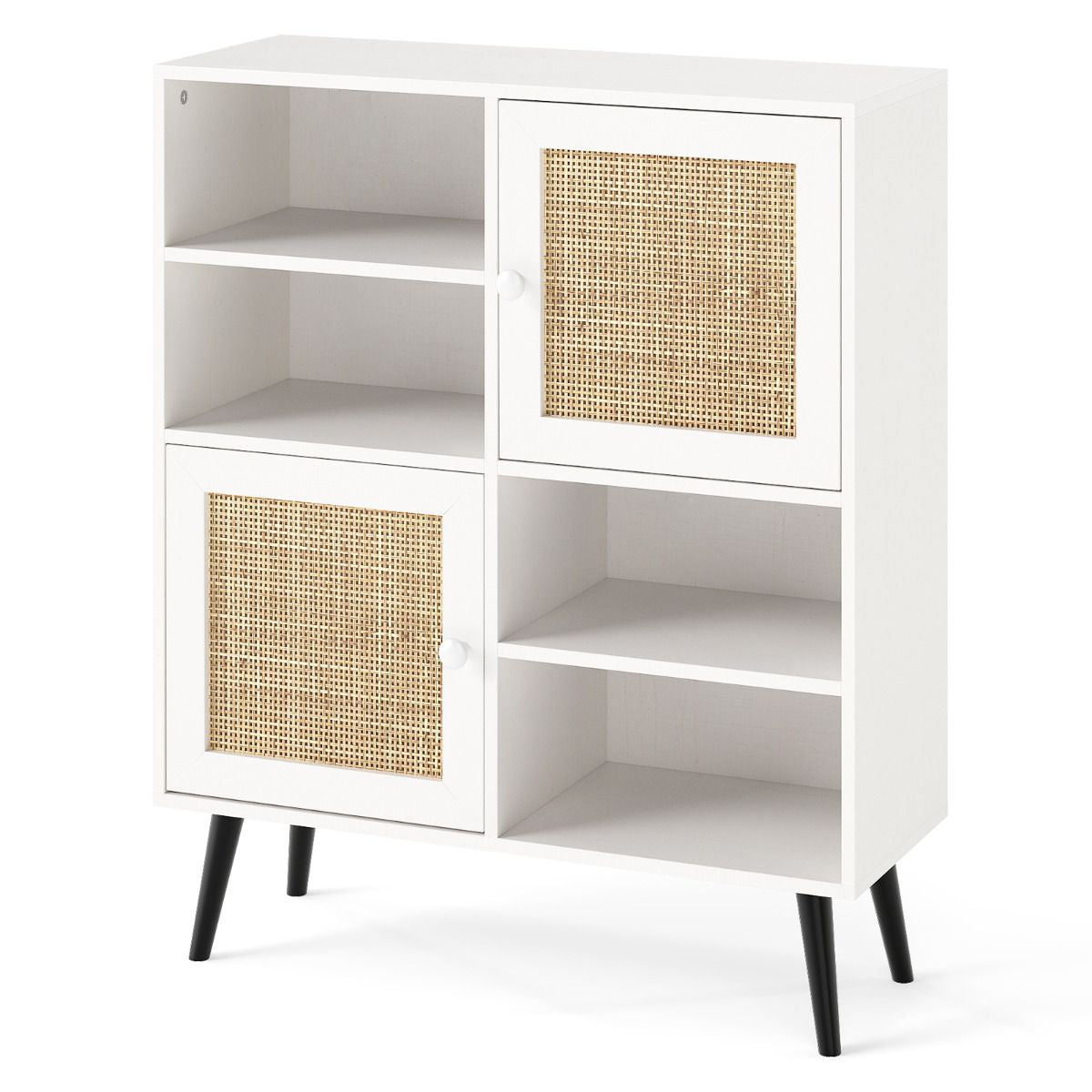 Rattan Sideboard Buffet Cabinet with 4 Cubbies and 2 Rattan-Decorated Doors