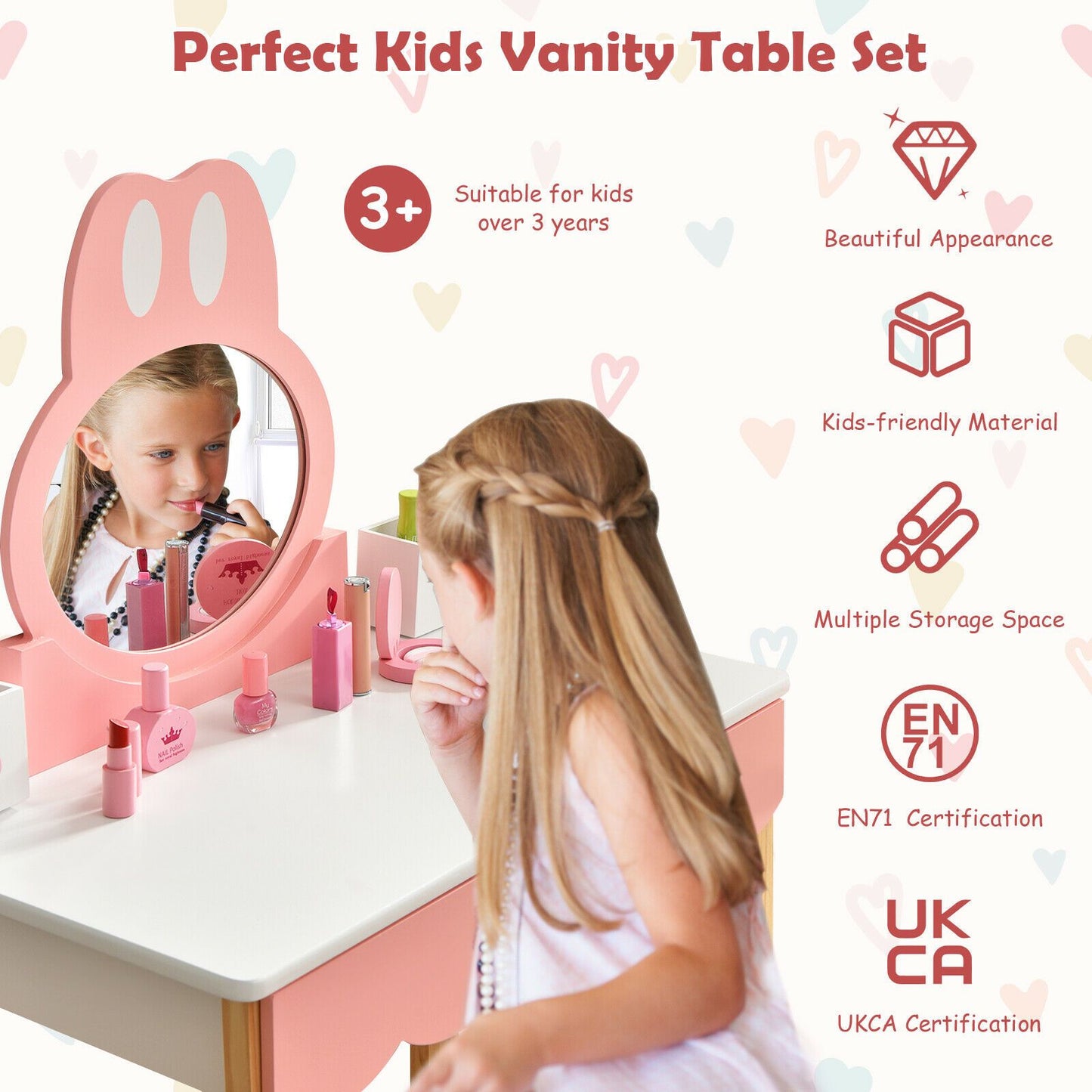 Kids Vanity Table and Chair Pretend Play with Mirror and Drawers