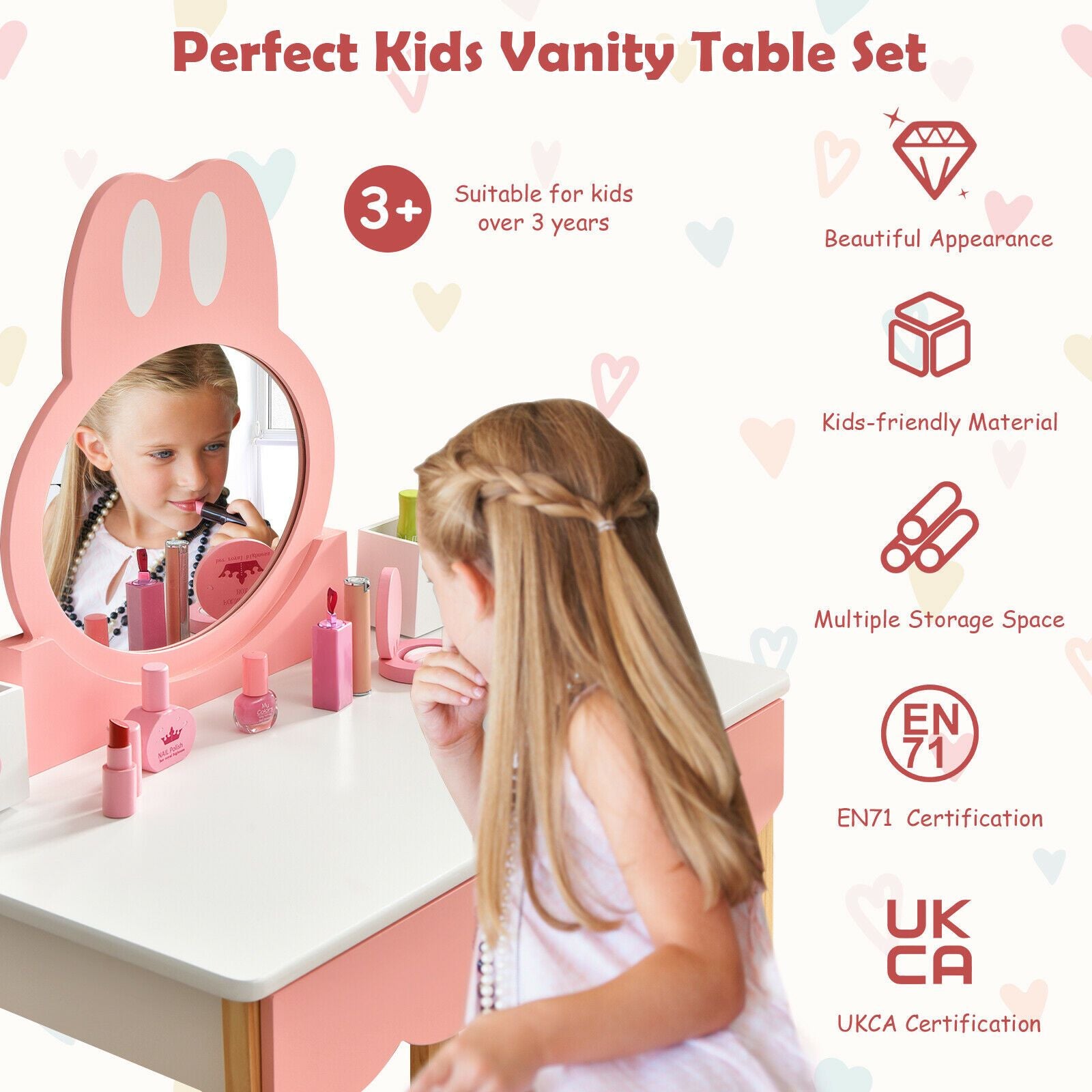 Kids Vanity Table and Chair Pretend Play with Mirror and Drawers