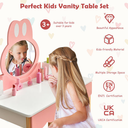 Kids Vanity Table and Chair Pretend Play with Mirror and Drawers