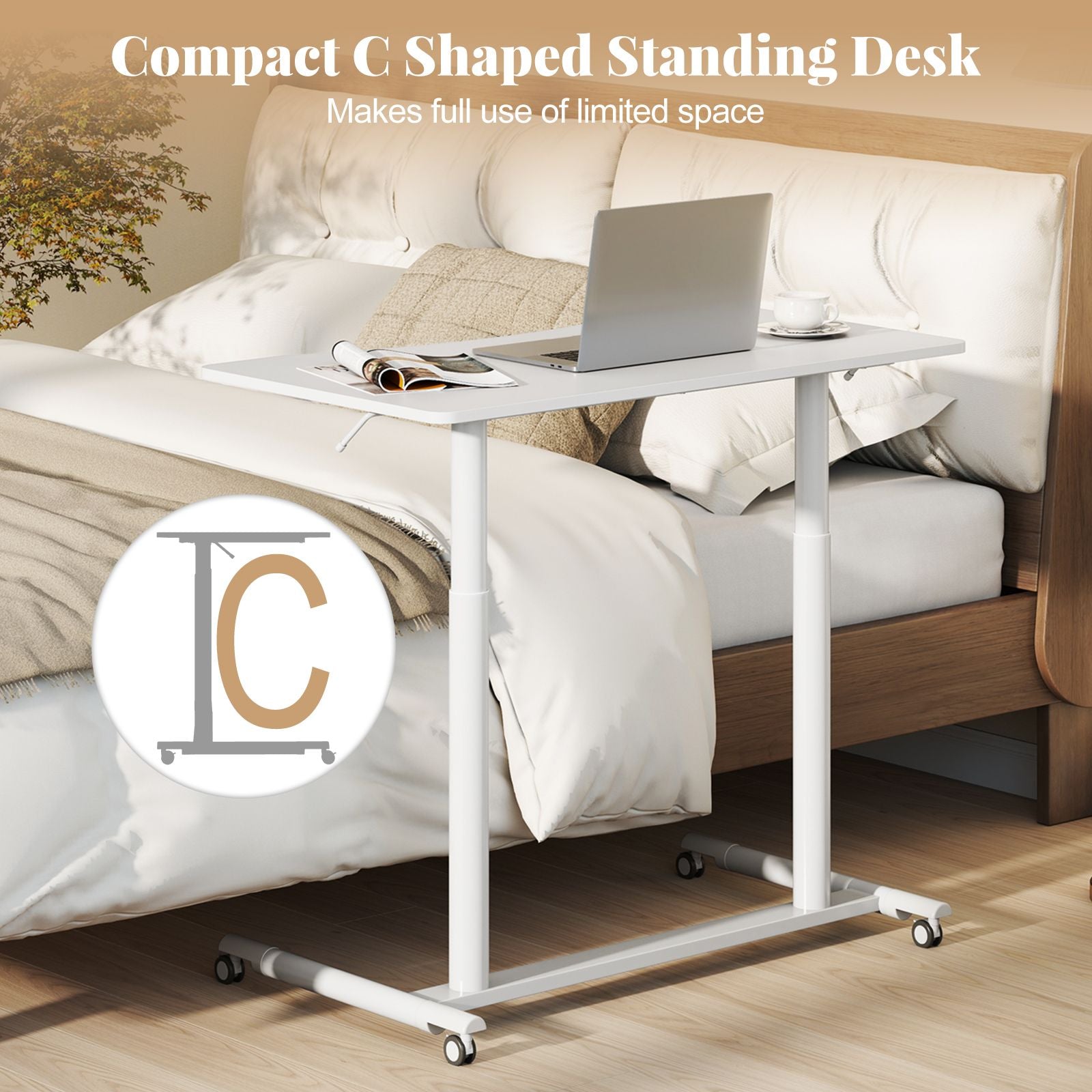 C-Shaped Mobile Standing Desk with Adjustable Height and Lockable Wheels