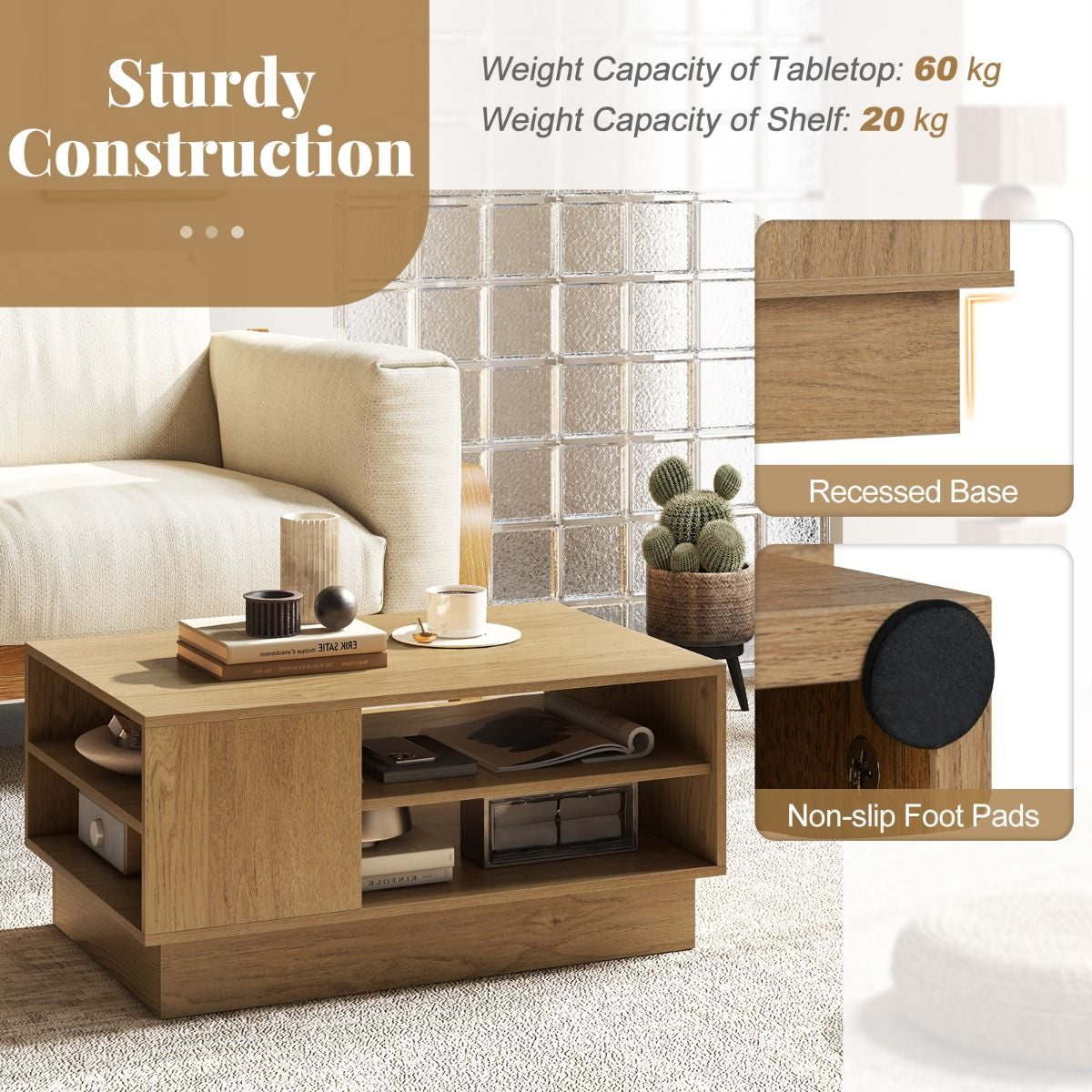 Modern Rectangle Coffee Table with 2-Tier Open Storage Shelves