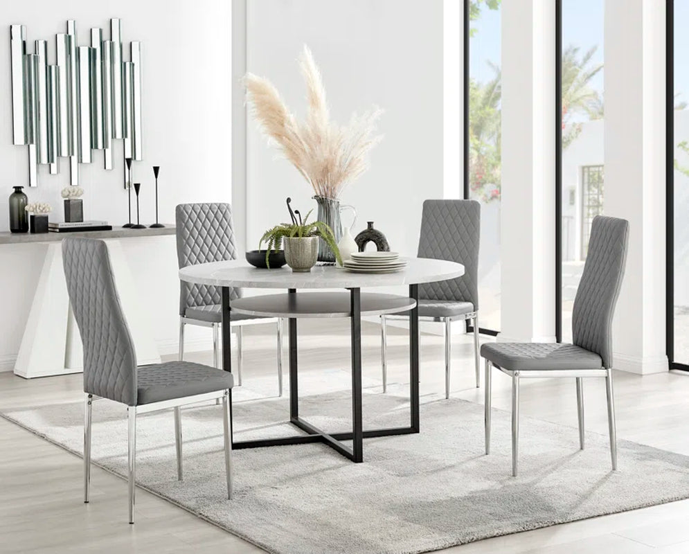 Adler round Dining Table Set with Shelf & 4 Quilted Faux Leather Dining Chairs