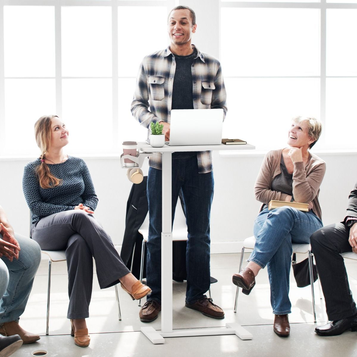 Height Adjustable Overbed Bedside Table with Cup Holder and Headphone Hook