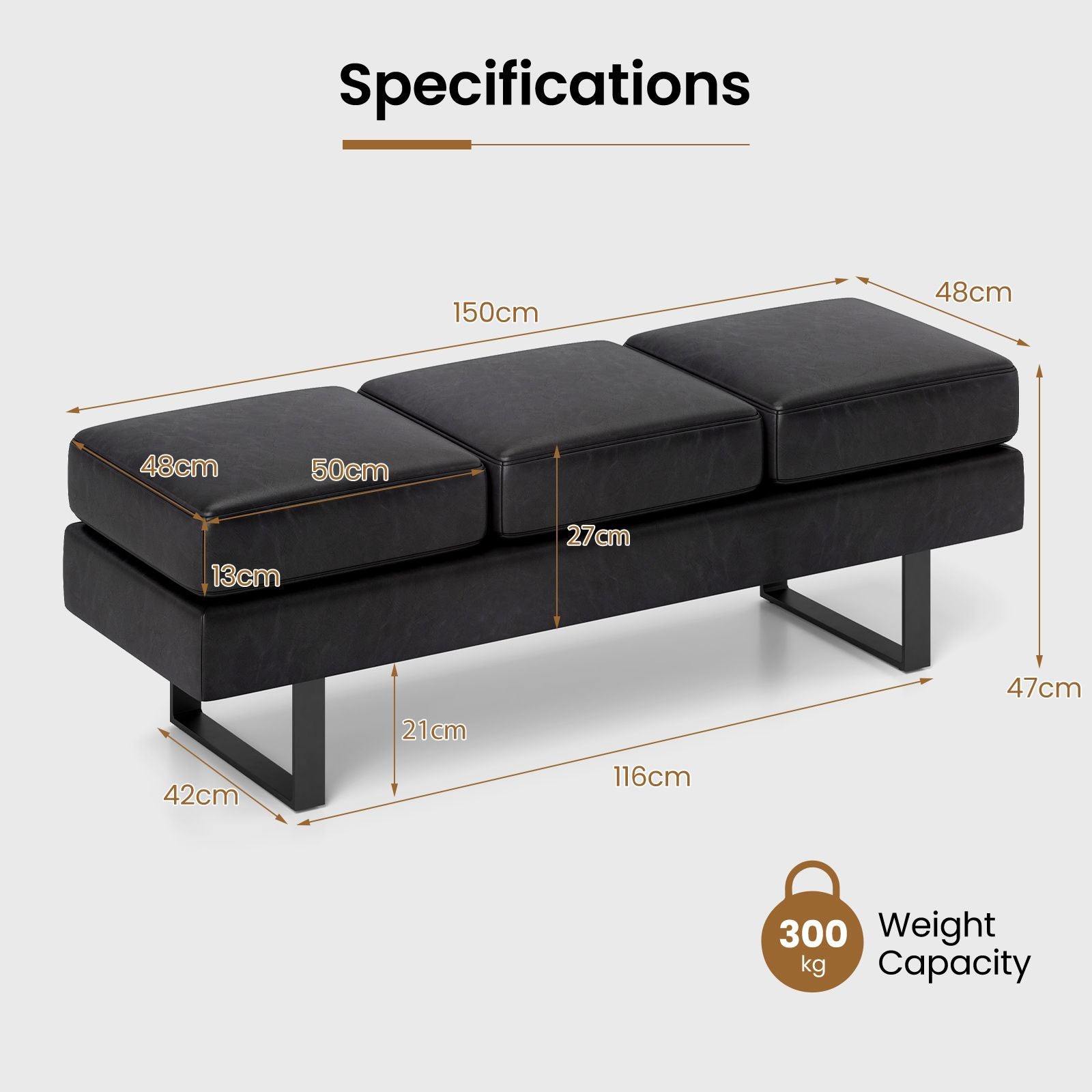 Waiting Room Bench Seating with 3 Seats and Metal Frame Leg