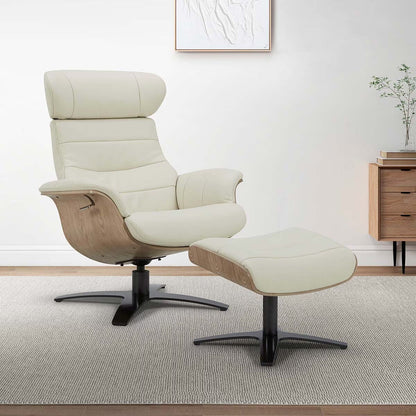 Karma Cream Top Grain Leather Swivel Chair with Ottoman