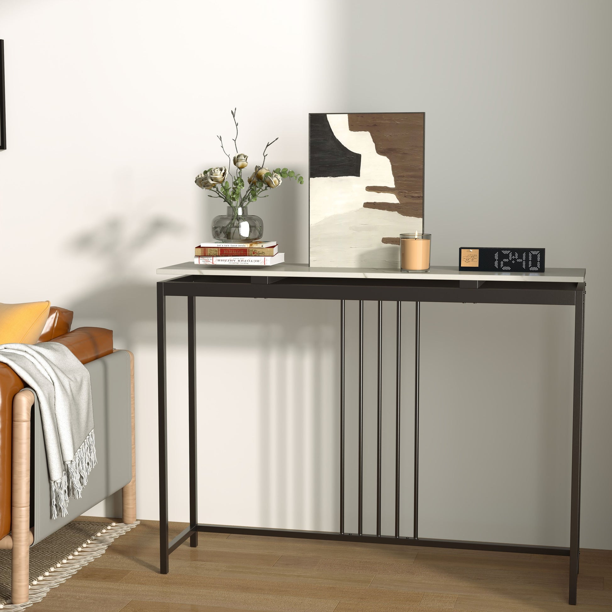 120Cm Console Table Narrow Entryway Table with Faux Marble Tabletop