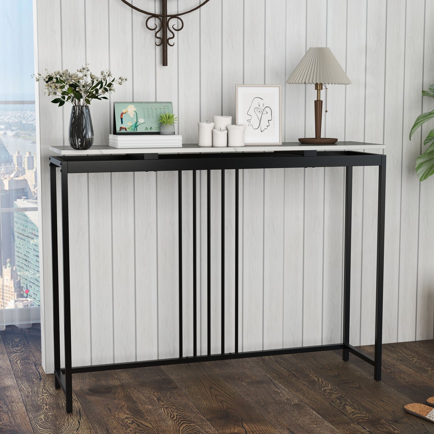 120Cm Console Table Narrow Entryway Table with Faux Marble Tabletop
