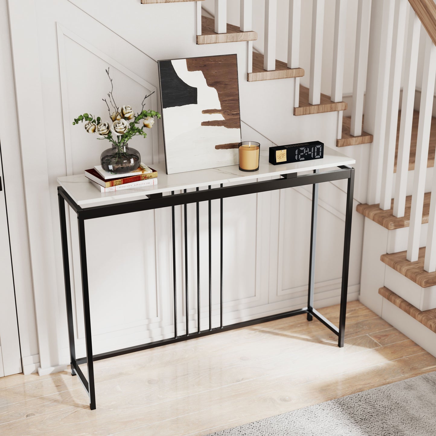 120Cm Console Table Narrow Entryway Table with Faux Marble Tabletop
