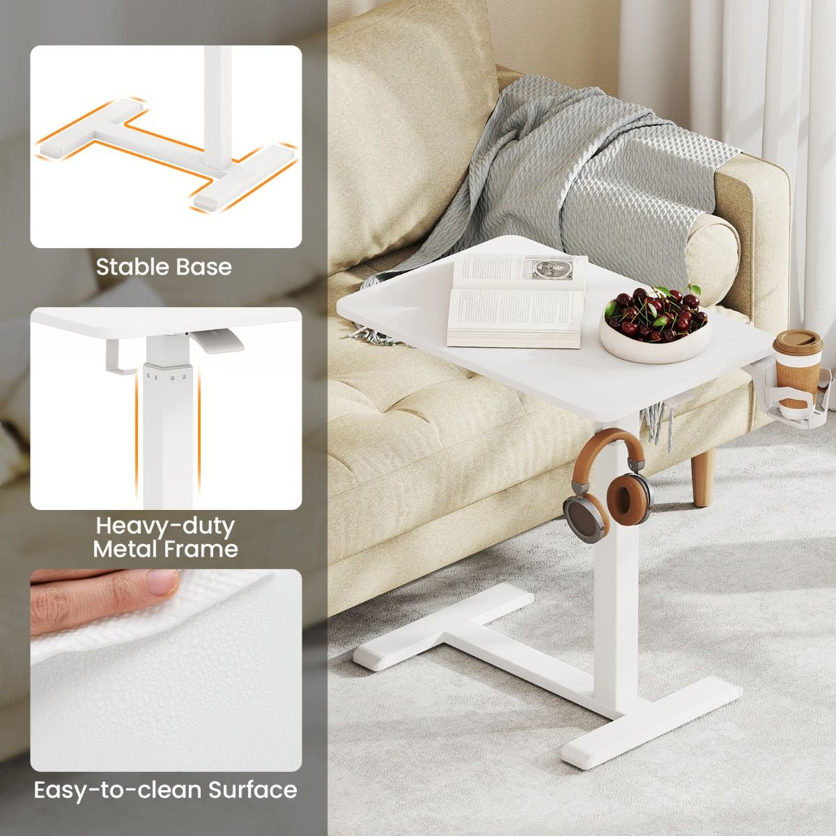 Height Adjustable Overbed Bedside Table with Cup Holder and Headphone Hook