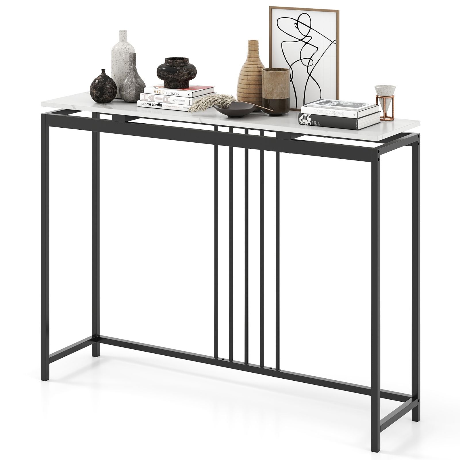 120Cm Console Table Narrow Entryway Table with Faux Marble Tabletop
