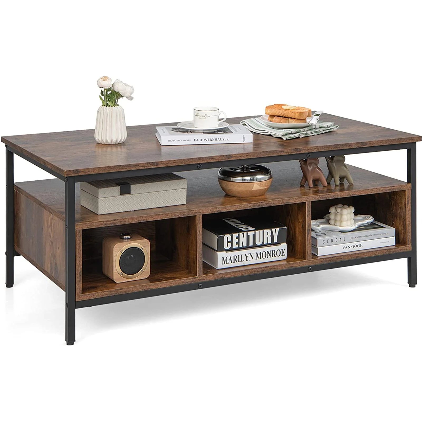 Wooden Cocktail Center Table with Storage Shelf for Living Room