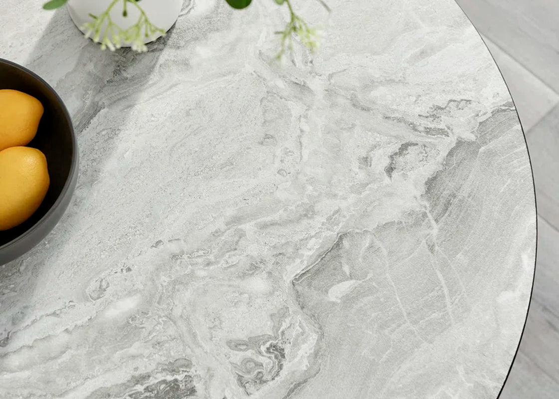 Ellis White Marble Effect Melamine round Dining Table Set with 2 Luxury Velvet Dining Chairs