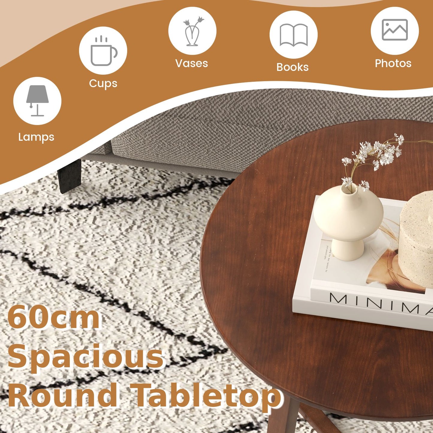 24" round Coffee Table with V-Shaped Legs for Lamps