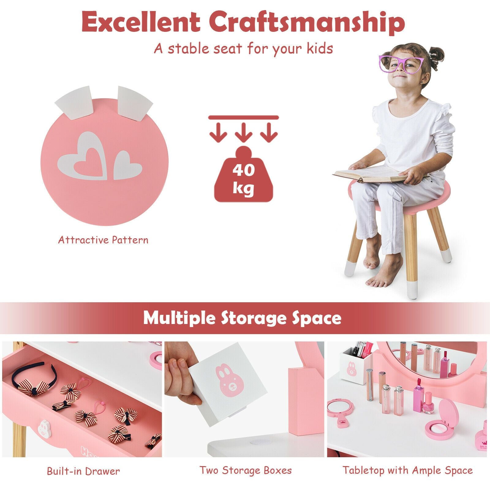 Kids Vanity Table and Chair Pretend Play with Mirror and Drawers