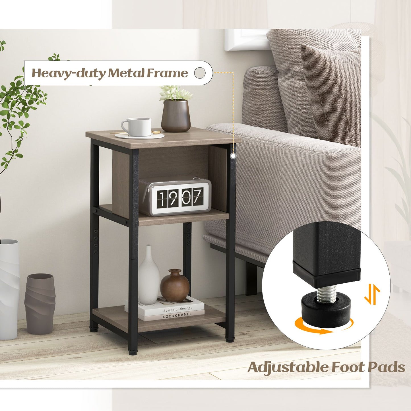 3-Tier Nightstand with Storage Shelf for Small Spaces