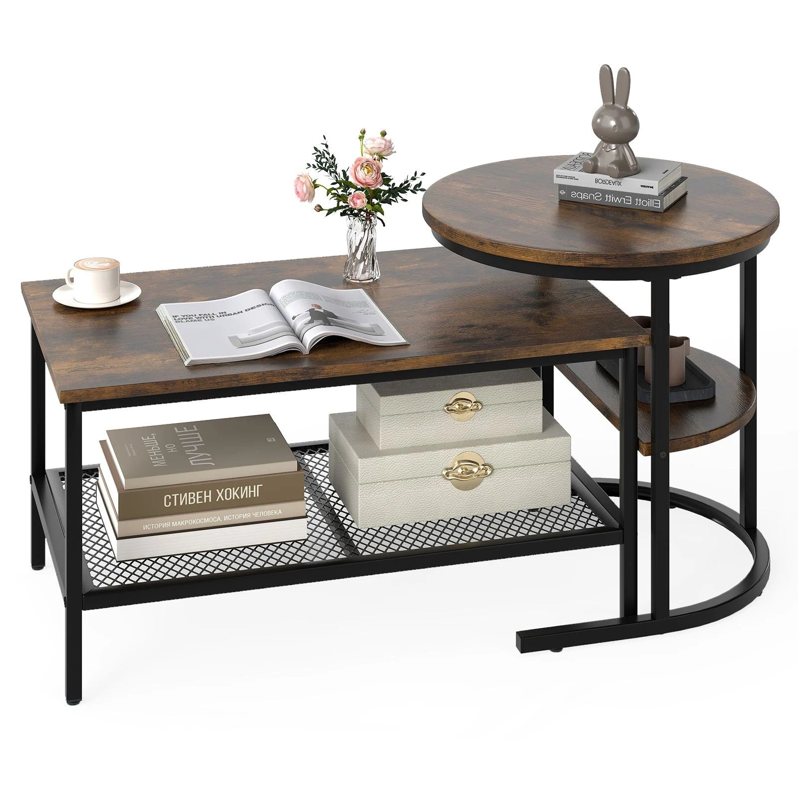 Set of 2 Nesting Coffee Table with Extra Storage Shelf