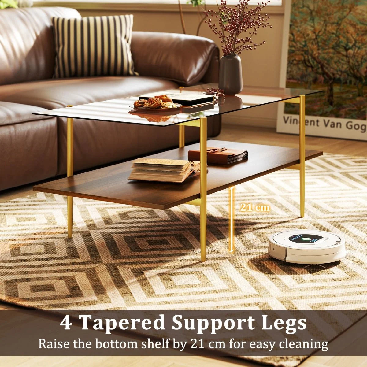 2-Tier Glass Coffee Table with Tampered Glass Tabletop & Open Storage Shelf