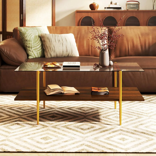 2-Tier Glass Coffee Table with Tampered Glass Tabletop & Open Storage Shelf