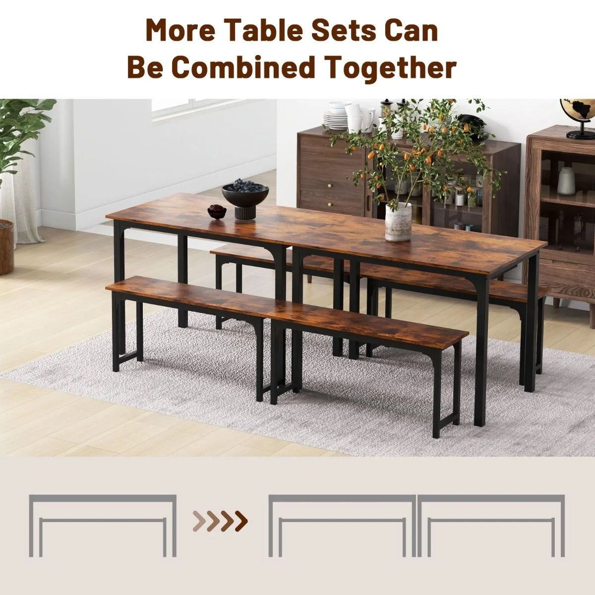 3 Pieces Space-Saving Dining Breakfast Table Set with 2 Benches