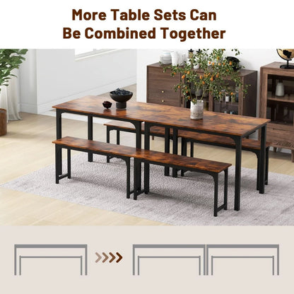 3 Pieces Space-Saving Dining Breakfast Table Set with 2 Benches