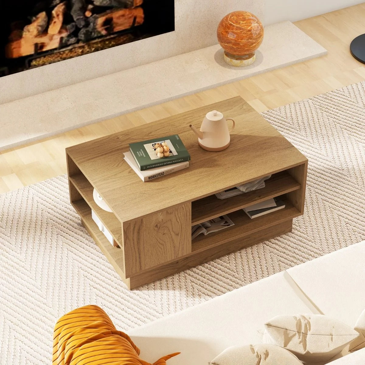 Modern Rectangle Coffee Table with 2-Tier Open Storage Shelves