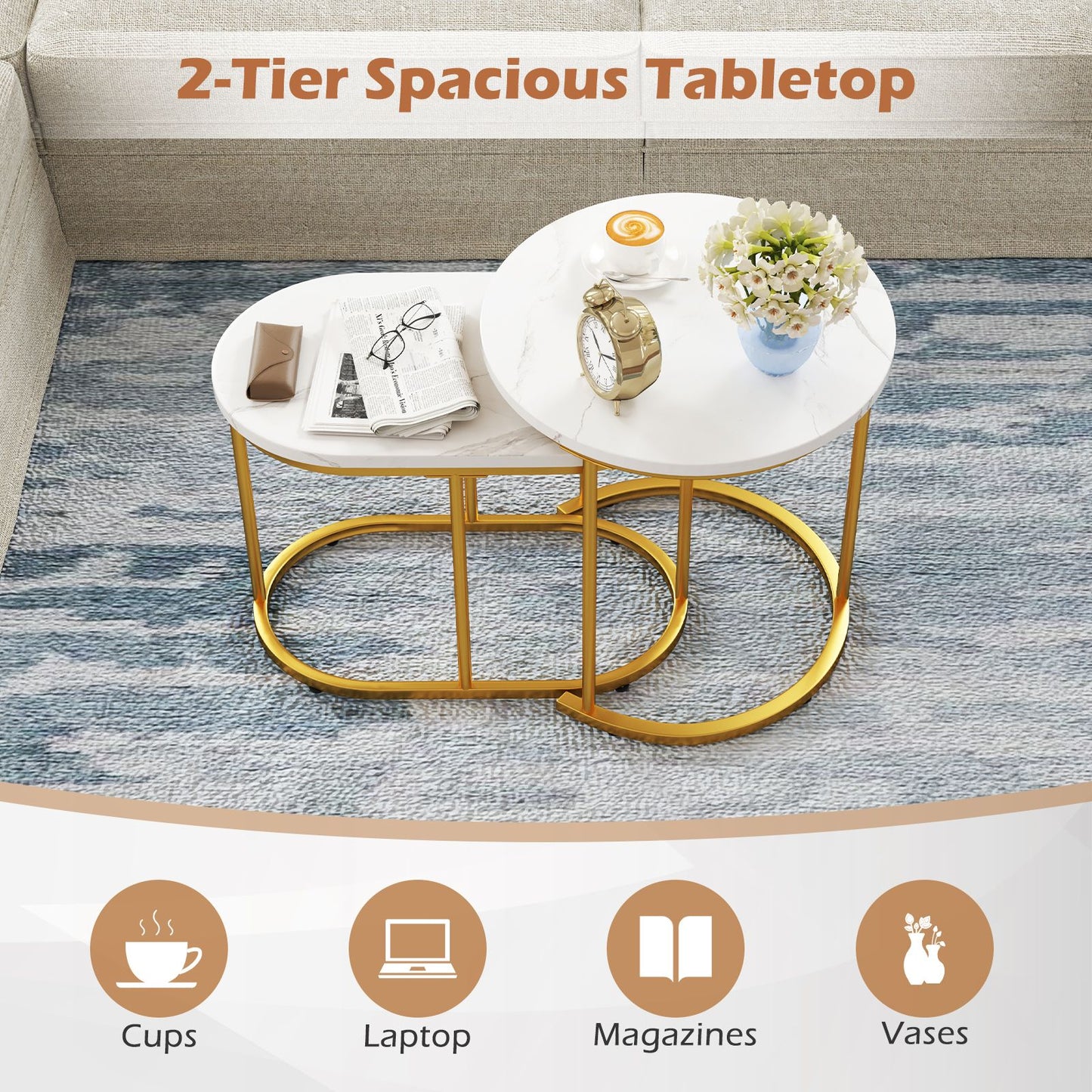 Coffee Table Set of 2 Modern Side Tables with White Faux Marble Top