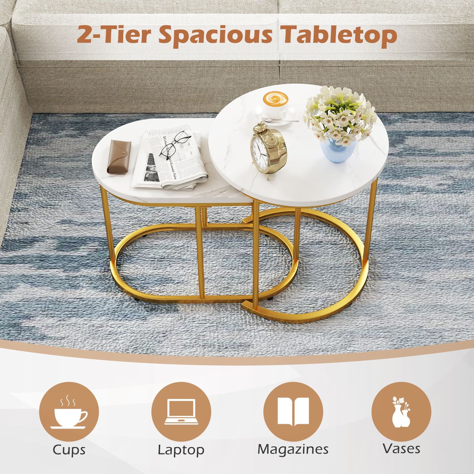 Coffee Table Set of 2 Modern Side Tables with White Faux Marble Top