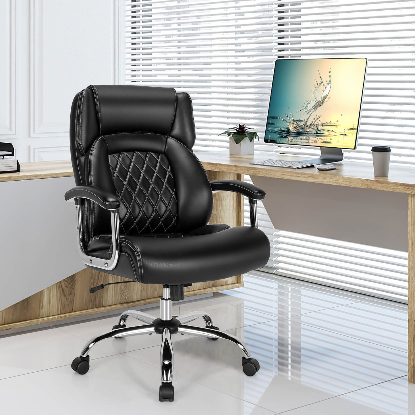 Leather Office Chair with Rocking Mode and Armrests