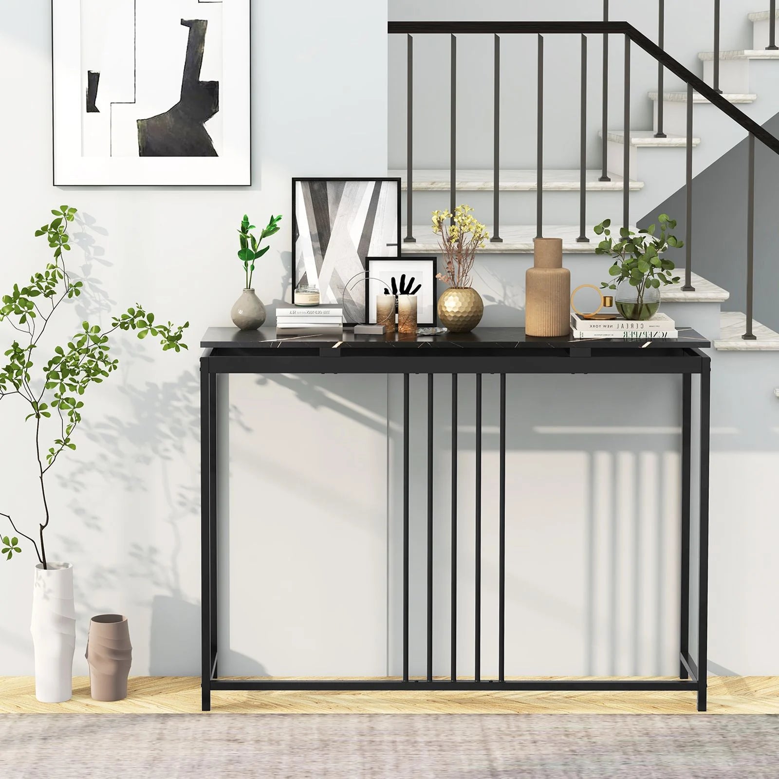 120Cm Console Table Narrow Entryway Table with Faux Marble Tabletop