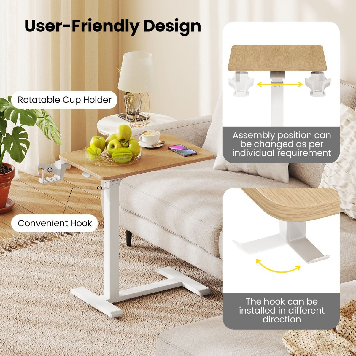 Height Adjustable Overbed Bedside Table with Cup Holder and Headphone Hook