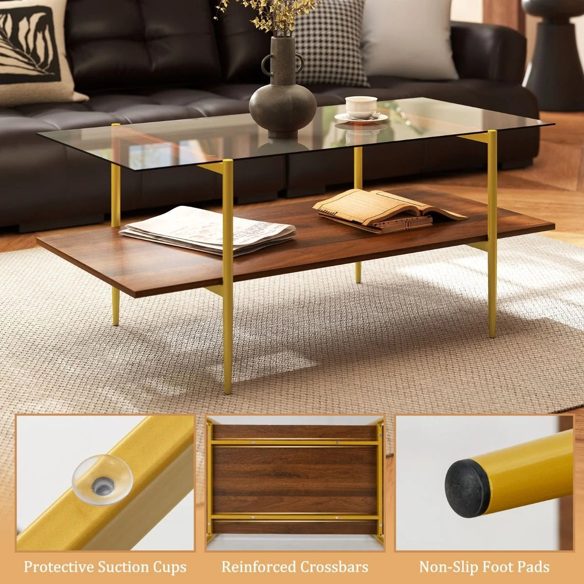 2-Tier Glass Coffee Table with Tampered Glass Tabletop & Open Storage Shelf