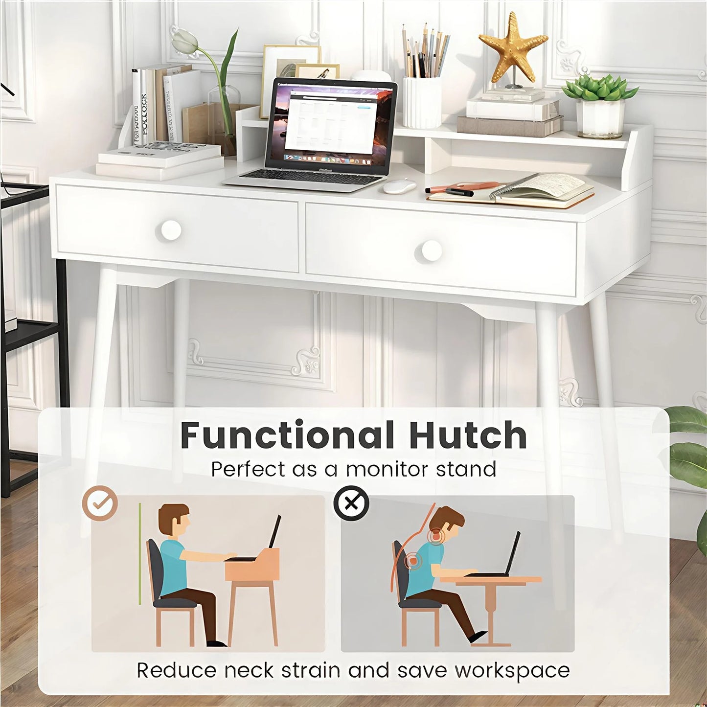 120 CM Writing Desk with Hutch and Drawers for Bedroom