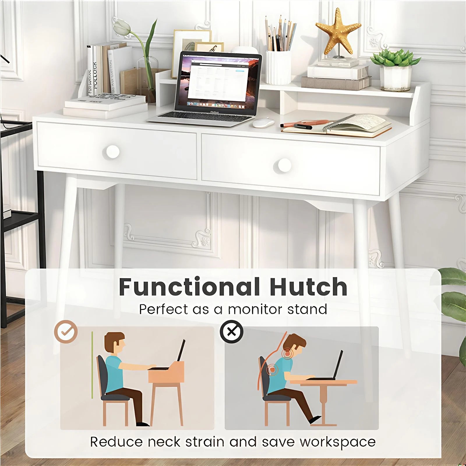 120 CM Writing Desk with Hutch and Drawers for Bedroom