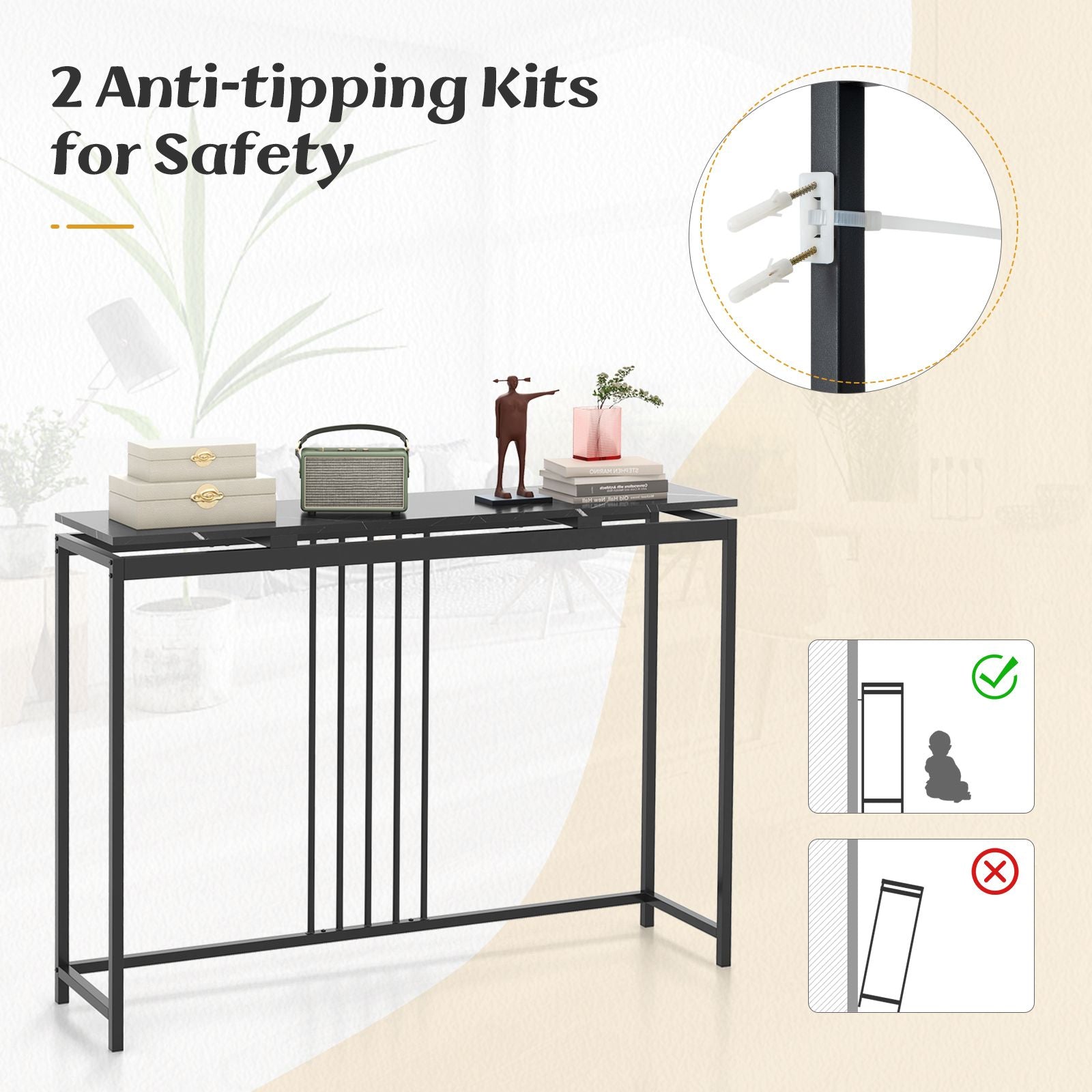 120Cm Console Table Narrow Entryway Table with Faux Marble Tabletop